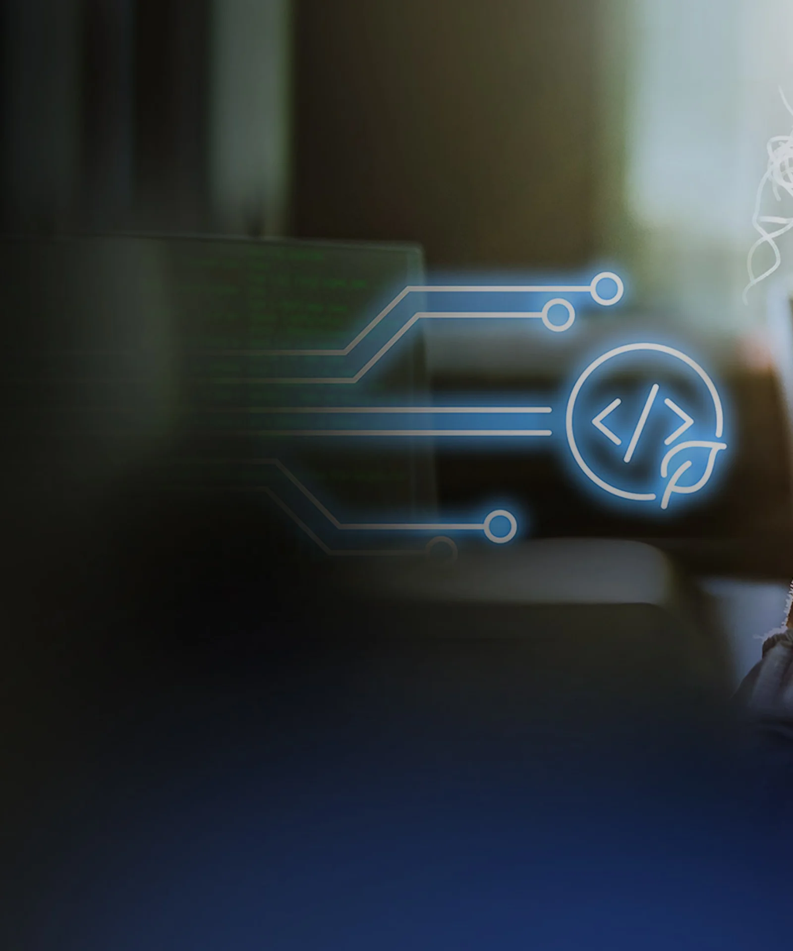 Dieses Bild verkörpert die Essenz von GreenCoding und betont nachhaltige Softwareentwicklungspraktiken. Es zeigt eine Person, die sich intensiv mit ihrem Computer beschäftigt, während ein digitales Overlay-Symbol für Codierung und Umweltverantwortung steht. Das Bild hebt die Konvergenz von Technologie und umweltfreundlichen Praktiken hervor und unterstreicht die Bedeutung der Integration von Nachhaltigkeit in die Codierung, um den CO2-Fußabdruck zu minimieren. Eine konzentrierte Person, die an einem Computer mit einem überlagerten Symbol arbeitet, das umweltfreundliches Coding darstellt und eine nachhaltige Softwareentwicklung symbolisiert.