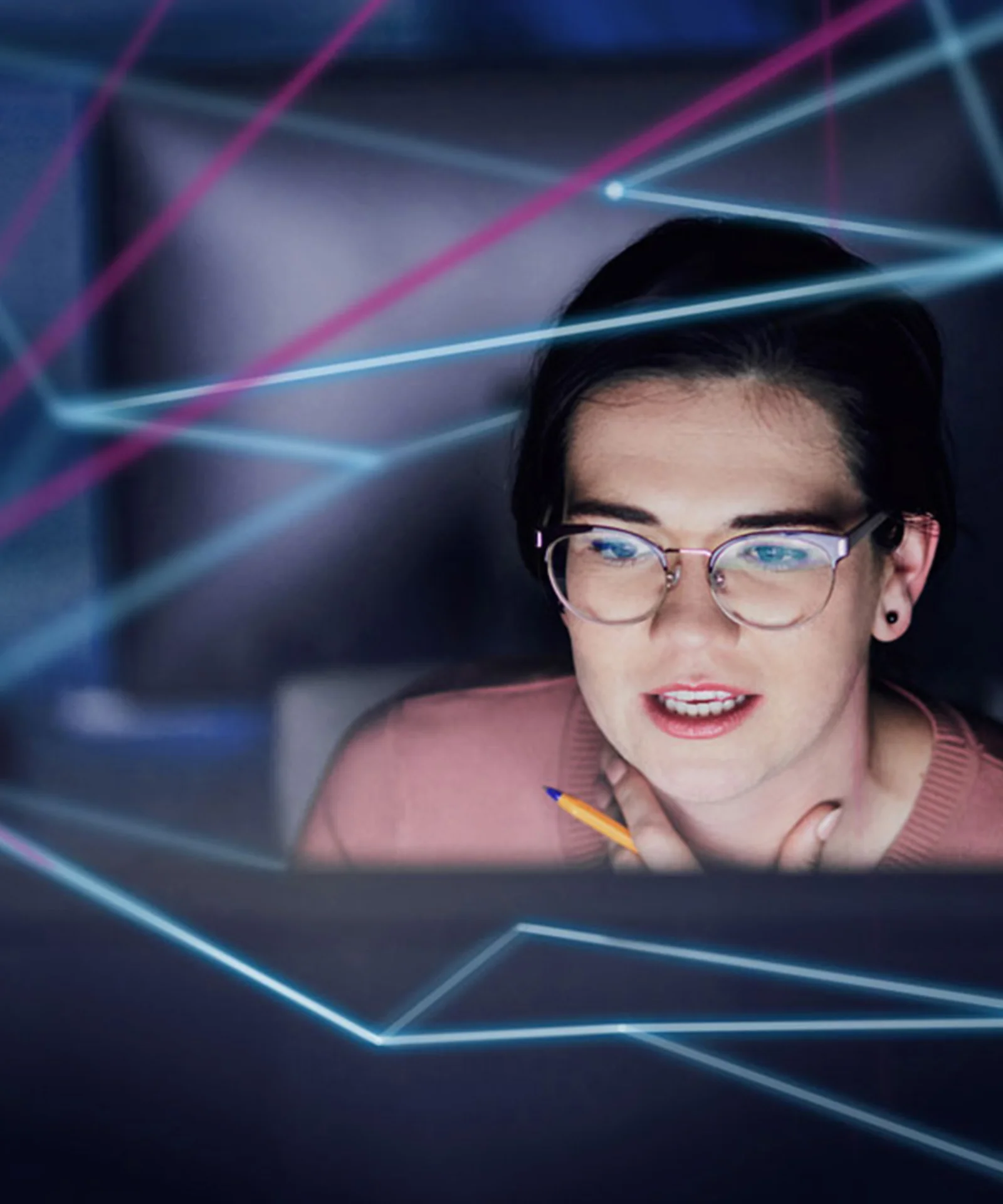 A professional woman wearing glasses, deeply engaged in work on a computer screen, with abstract digital network lines surrounding her, symbolizing the complexity and connectivity of blockchain technology.