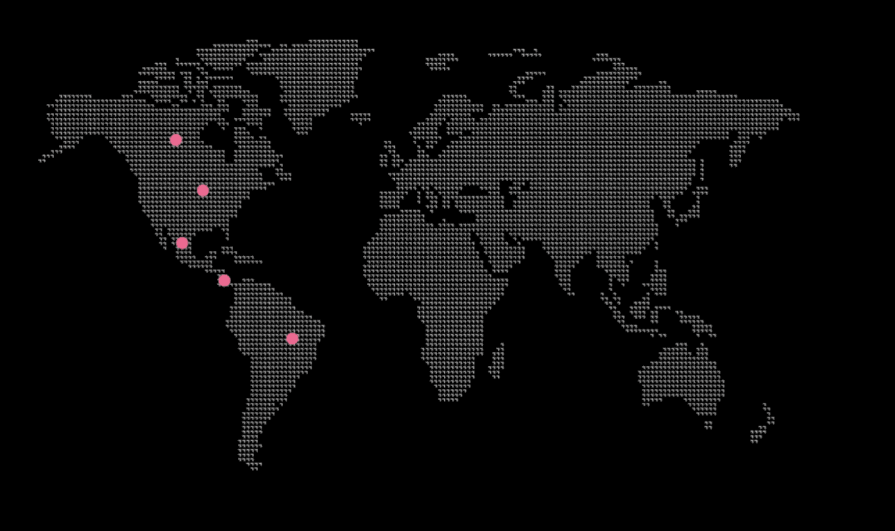 A world map highlighting GFT&#039;s locations in the Americas with pink dots.