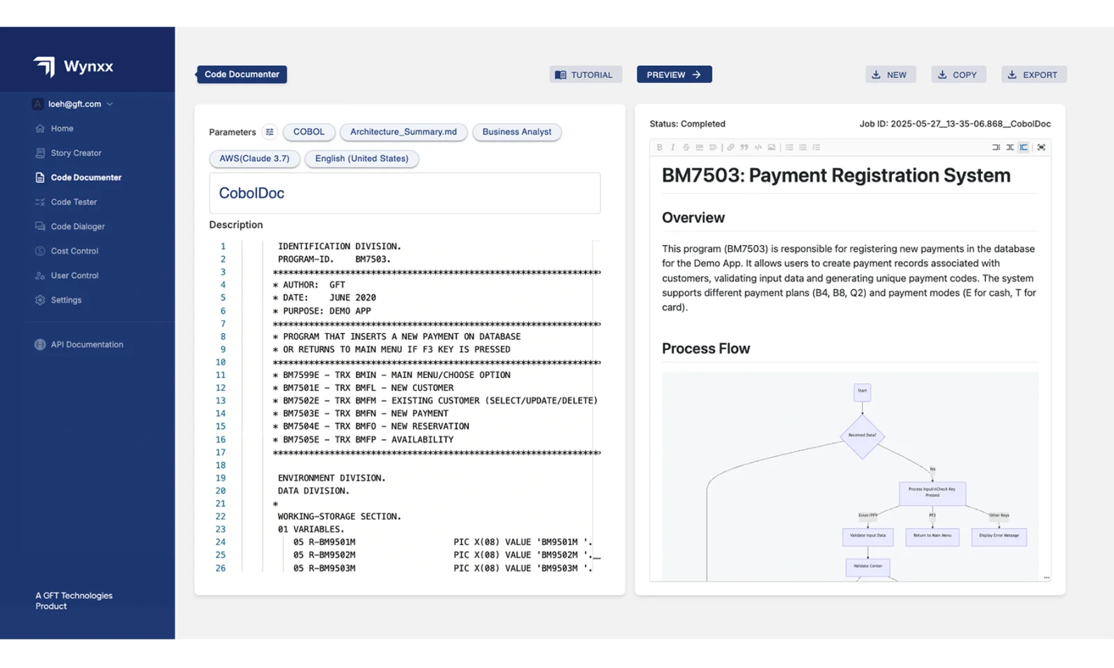 Wynxx Code Documenter Infographic Wynxx Code Documenter interface with COBOL code and process diagram for payment registration.
