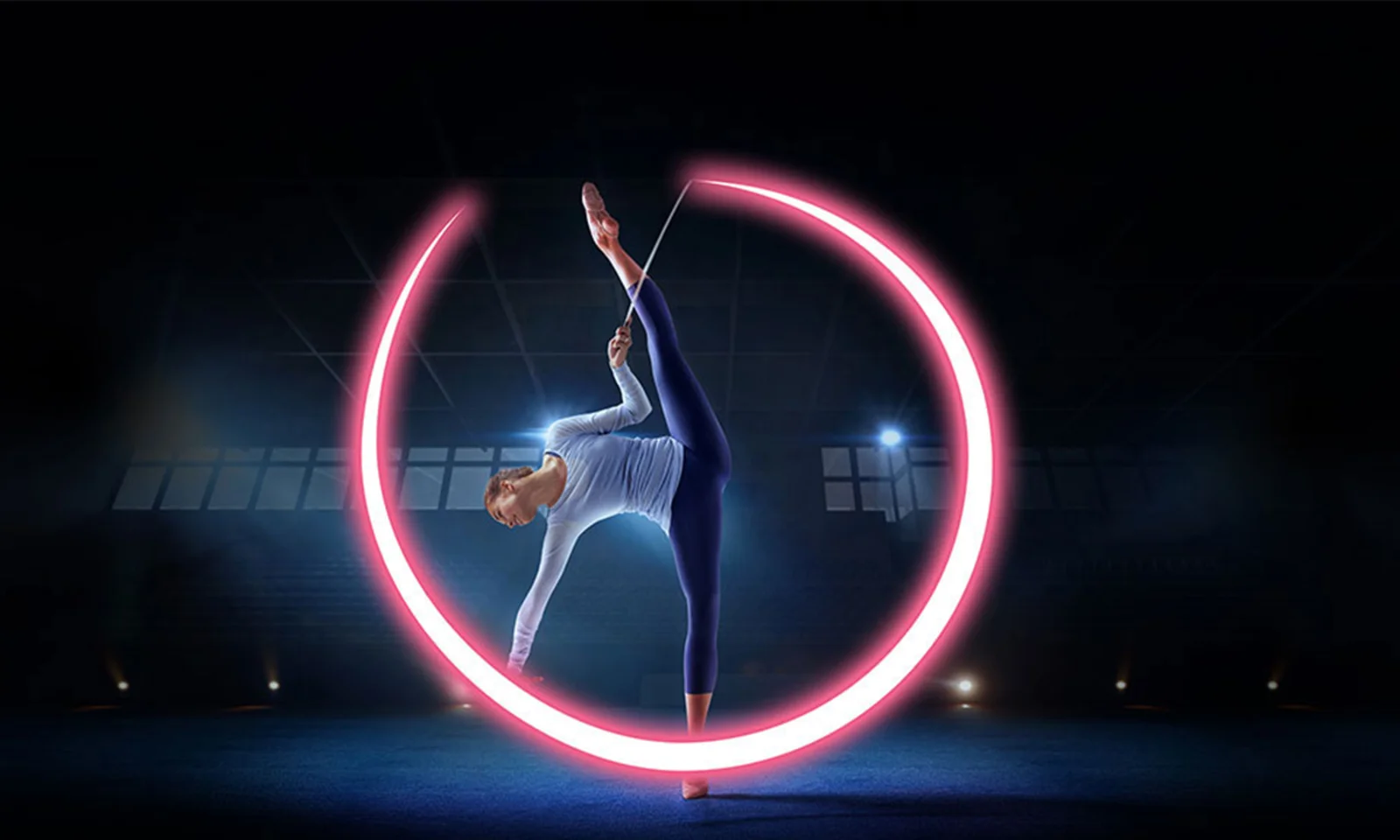 Core Banking 1 Gymnast performing a balance pose with a glowing pink circular light.