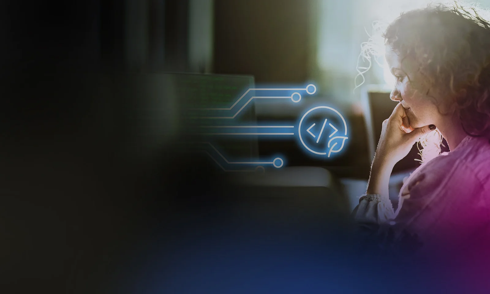 Eine konzentrierte Person, die an einem Computer mit einem überlagerten Symbol arbeitet, das umweltfreundliches Coding darstellt und eine nachhaltige Softwareentwicklung symbolisiert.