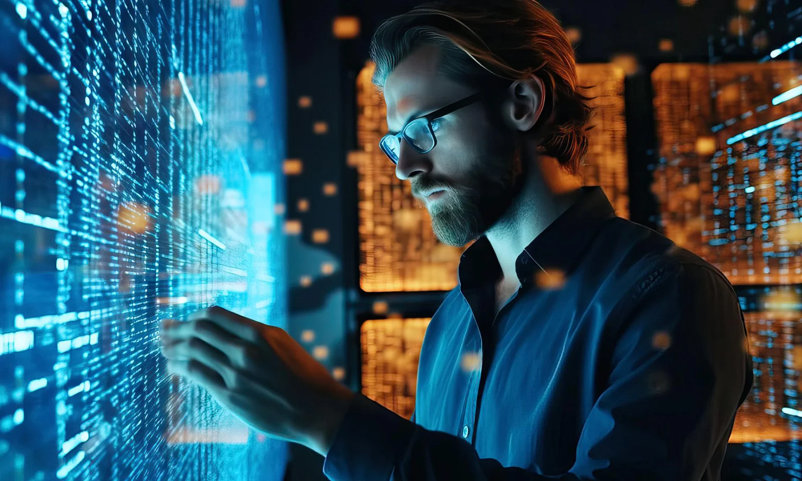 Gestão de Ativos Visuais Chave imagem apresenta um homem barbudo usando óculos, absorto em interagir com uma grande interface digital brilhante. O ambiente é rico em fluxos de dados e elementos digitais, sugerindo um cenário futurista de alta tecnologia. O fundo exibe uma mistura de tons de azul e laranja, representando a natureza dinâmica e analítica da gestão de ativos. Este visual enfatiza a integração de tecnologia avançada e análise de dados na gestão de ativos moderna, mostrando um profissional profundamente engajado na otimização de ativos financeiros por meio de ferramentas digitais inovadoras.