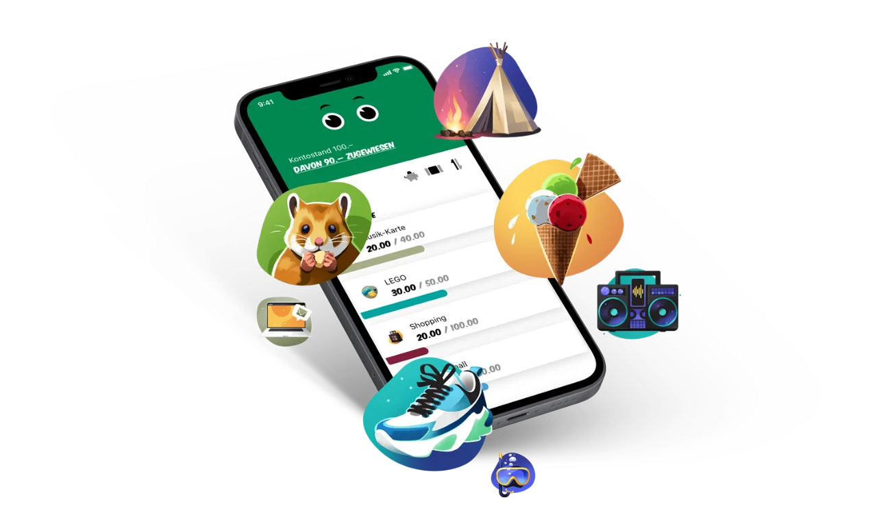 Success Story: Minibank Savings Goals - GFT and St. Galler Kantonalbank A mobile phone screen displaying the Minibank app by St. Galler Kantonalbank, surrounded by various colourful icons representing different savings goals such as a hamster, ice cream, sneakers, and a tent.