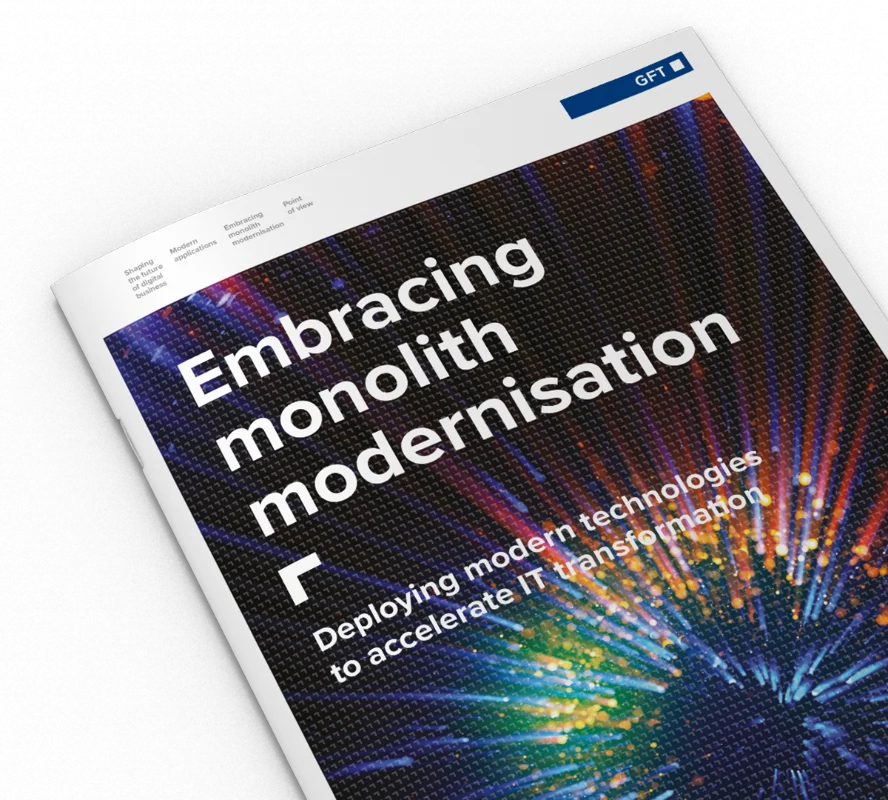 Embracing Monolith Modernisation A mockup of a whitepaper titled "Embracing Monolith Modernisation," featuring a dynamic image of bright, colourful light patterns radiating outward.