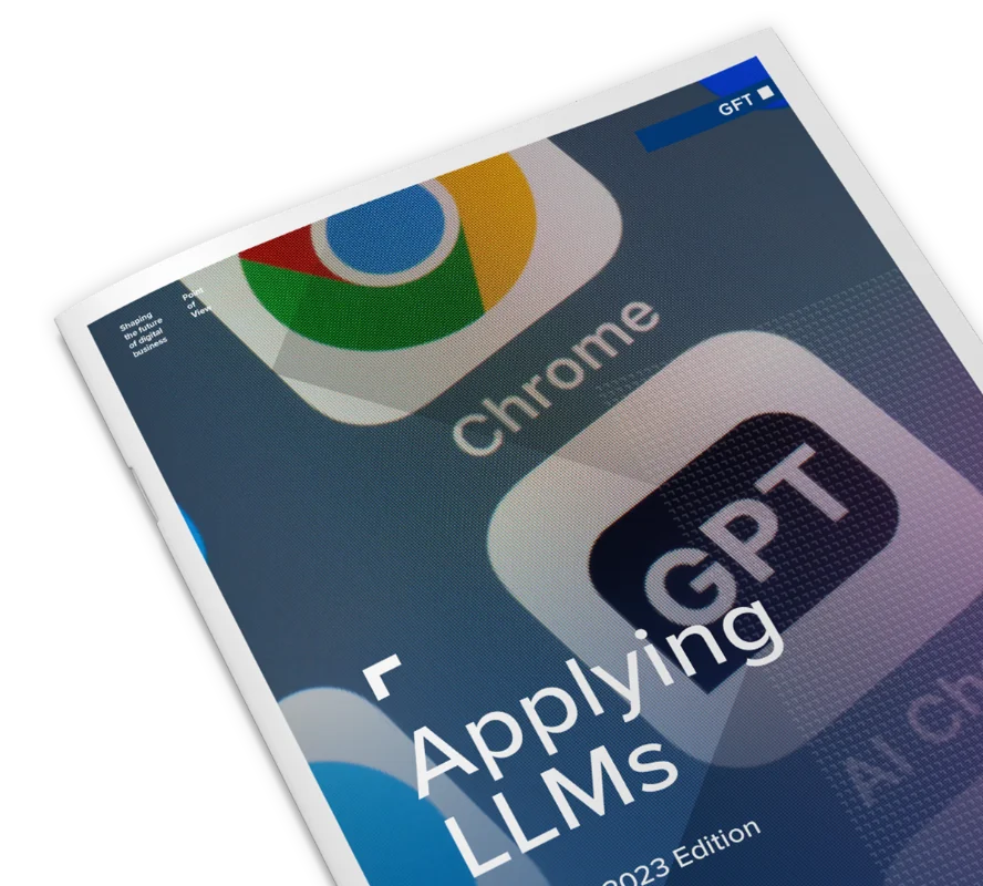 Applying LLMs - 2023 Edition A close-up of a GFT publication titled "Applying LLMs - 2023 Edition," featuring app icons including Chrome and GPT, symbolising the integration of large language models in digital tools.